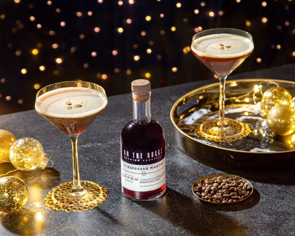 OTR Espresso Martini bottle and cocktails served with garnishes for the festive holidays